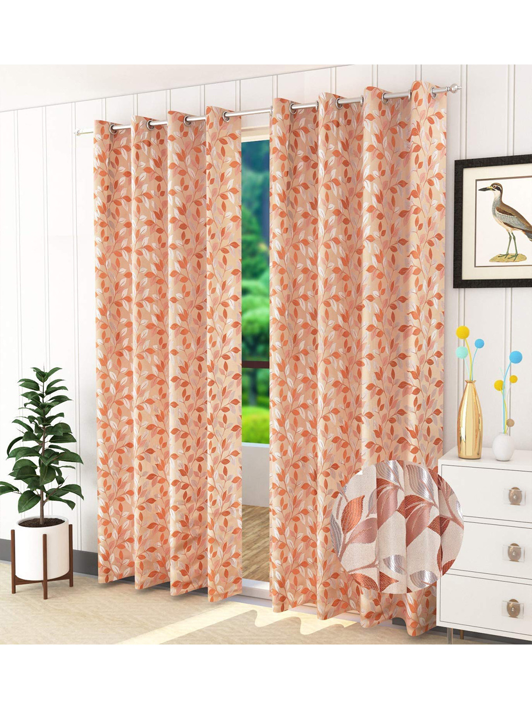

Fresh From Loom Orange & Silver-Toned Set of 2 Floral Room Darkening Long Door Curtain