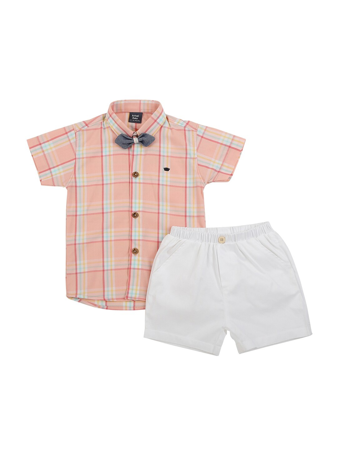 

Actuel Boys Peach-Coloured & White Checked Pure Cotton Shirt with Shorts