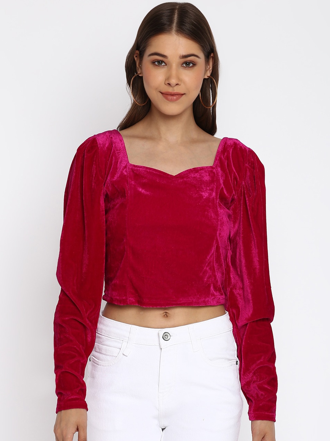 

Mayra Fuchsia Sweetheart Neck Velvet Crop Top