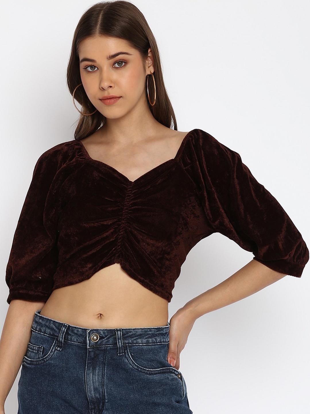 

Mayra Brown Sweetheart Neck Velvet Crop Top