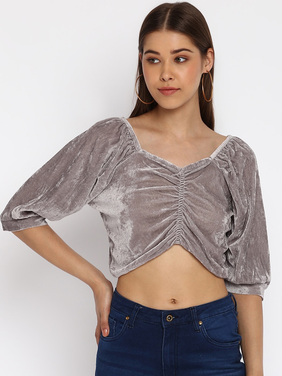 

Mayra Grey Sweetheart Neck Velvet Crop Top