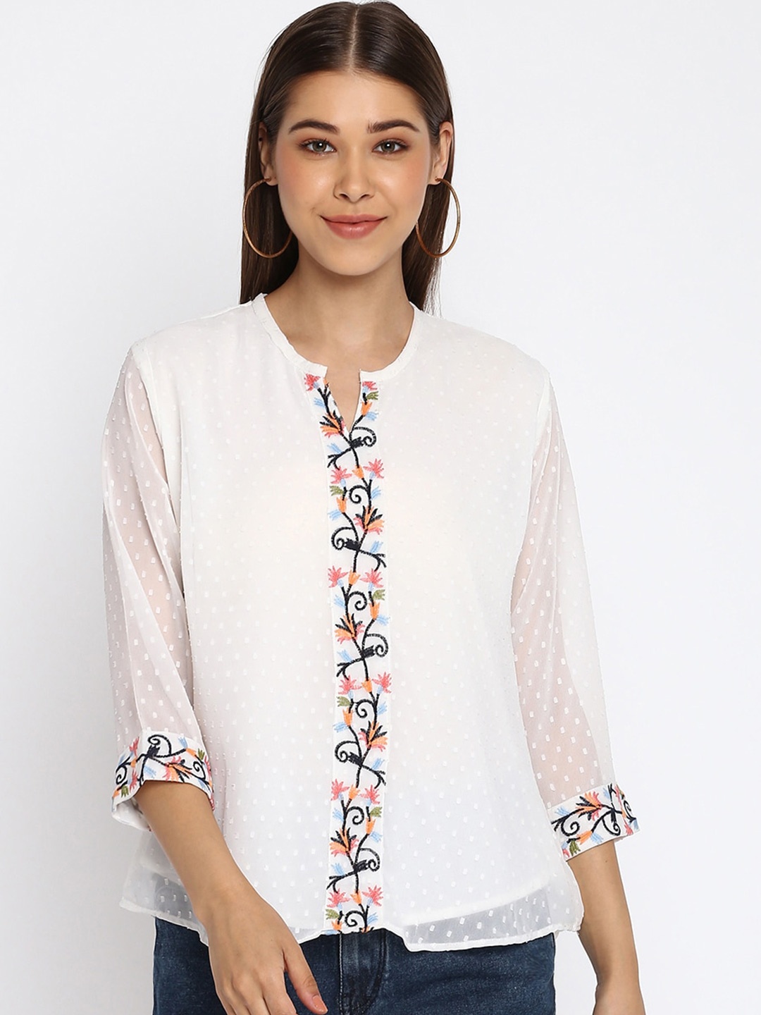 

Mayra White Floral Georgette Blouson Top