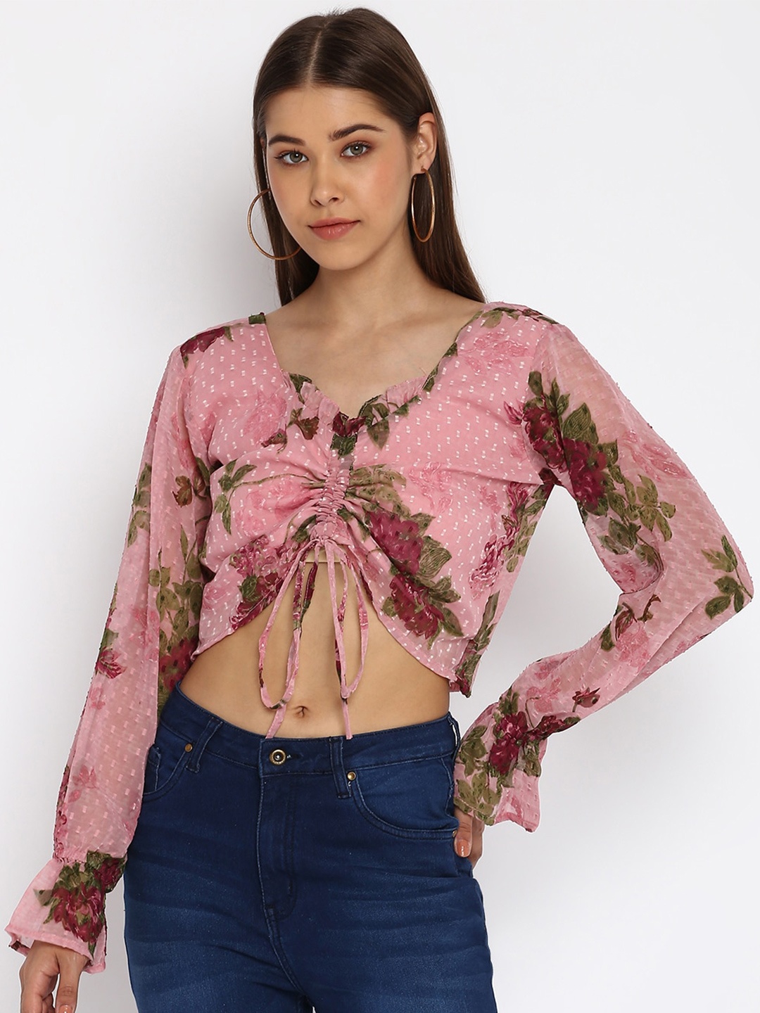 

Mayra Pink & Maroon Floral Print Bishop Sleeves Georgette Crop Top