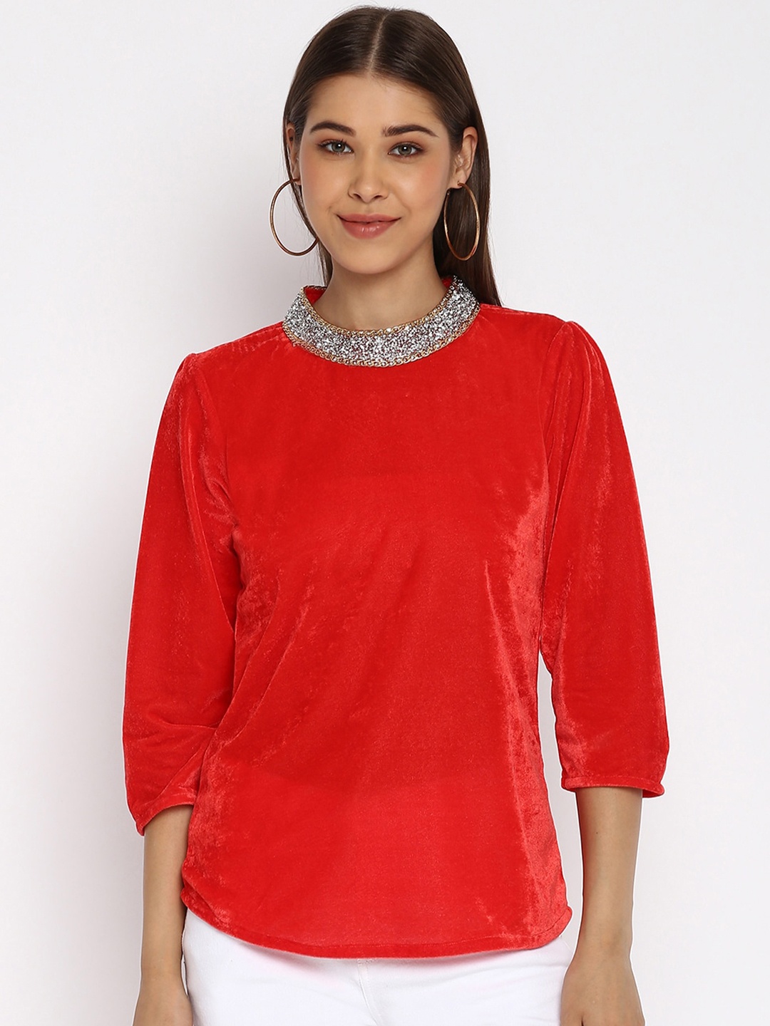 

Mayra Red Embellished Velvet Top