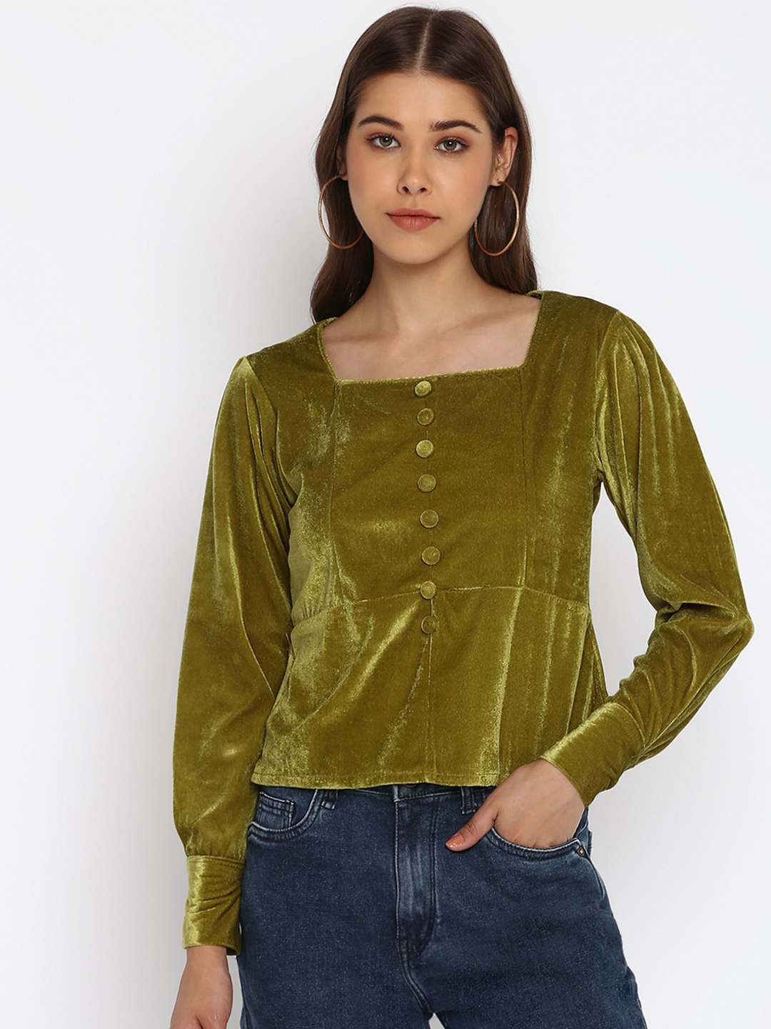 

Mayra Olive Green Velvet Crop Top