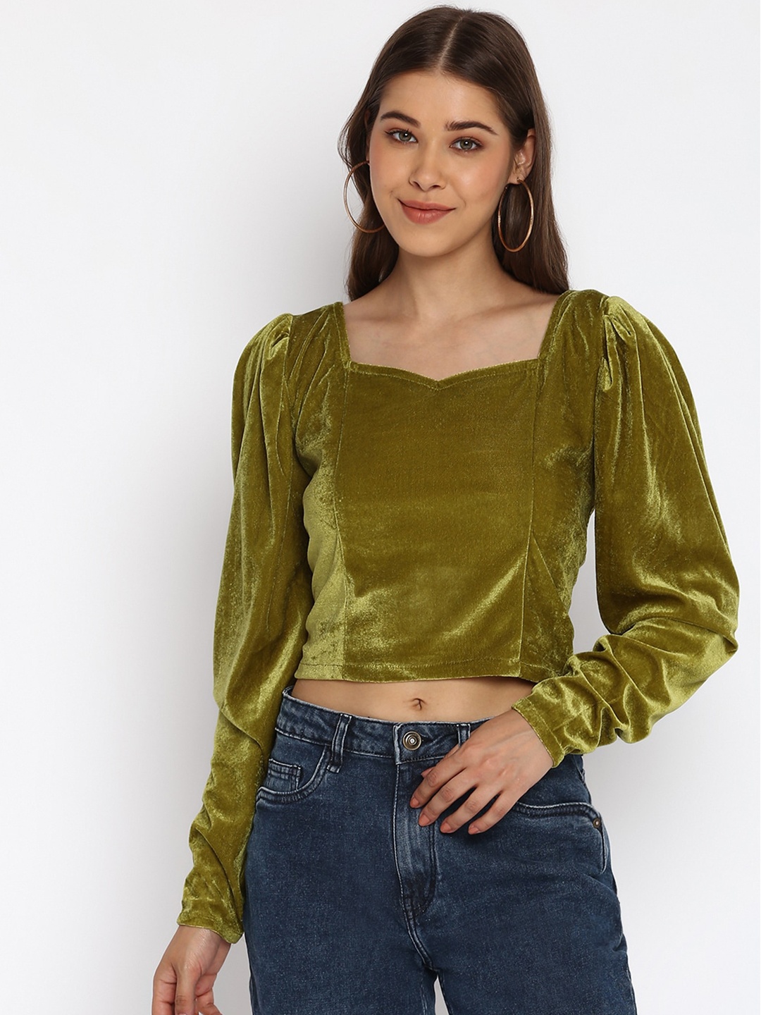 

Mayra Olive Green Sweetheart Neck Velvet Crop Top