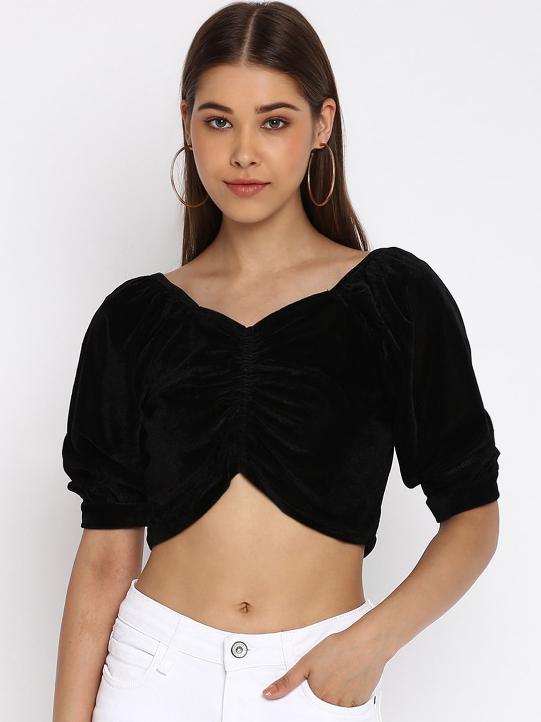 

Mayra Black Sweetheart Neck Velvet Blouson Crop Top