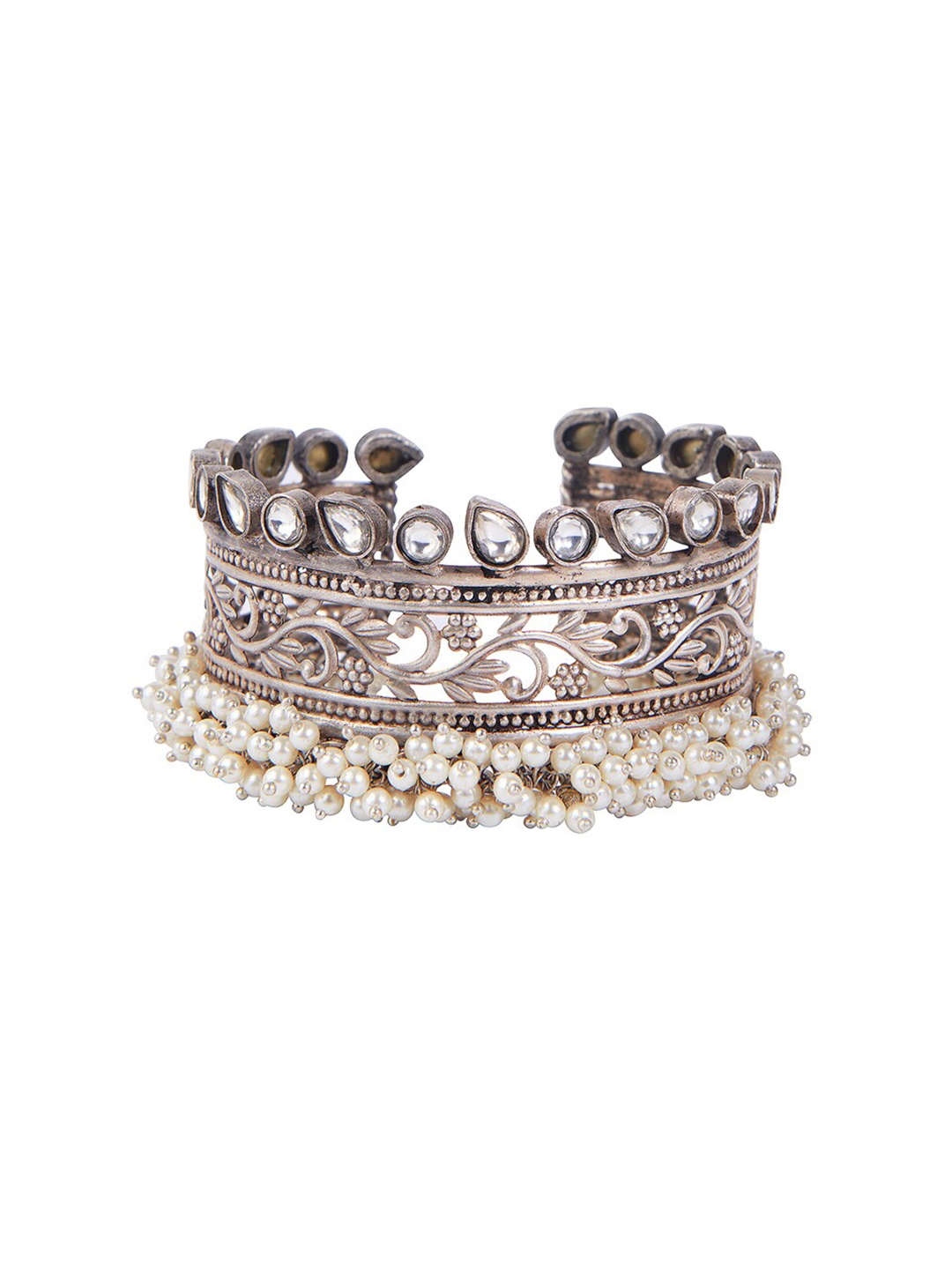 

CURIO COTTAGE Women Silver-Toned & Off White Oxidised Silver-Plated Cuff Bracelet