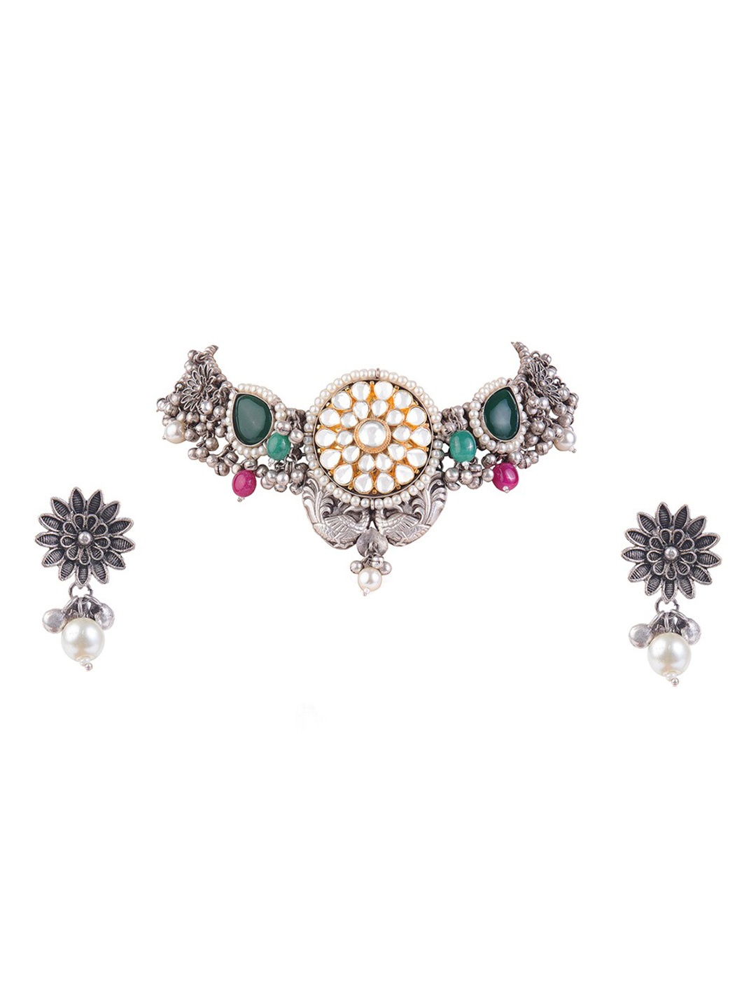 

CURIO COTTAGE Silver-Plated Oxidised Stone Studded Necklace Set