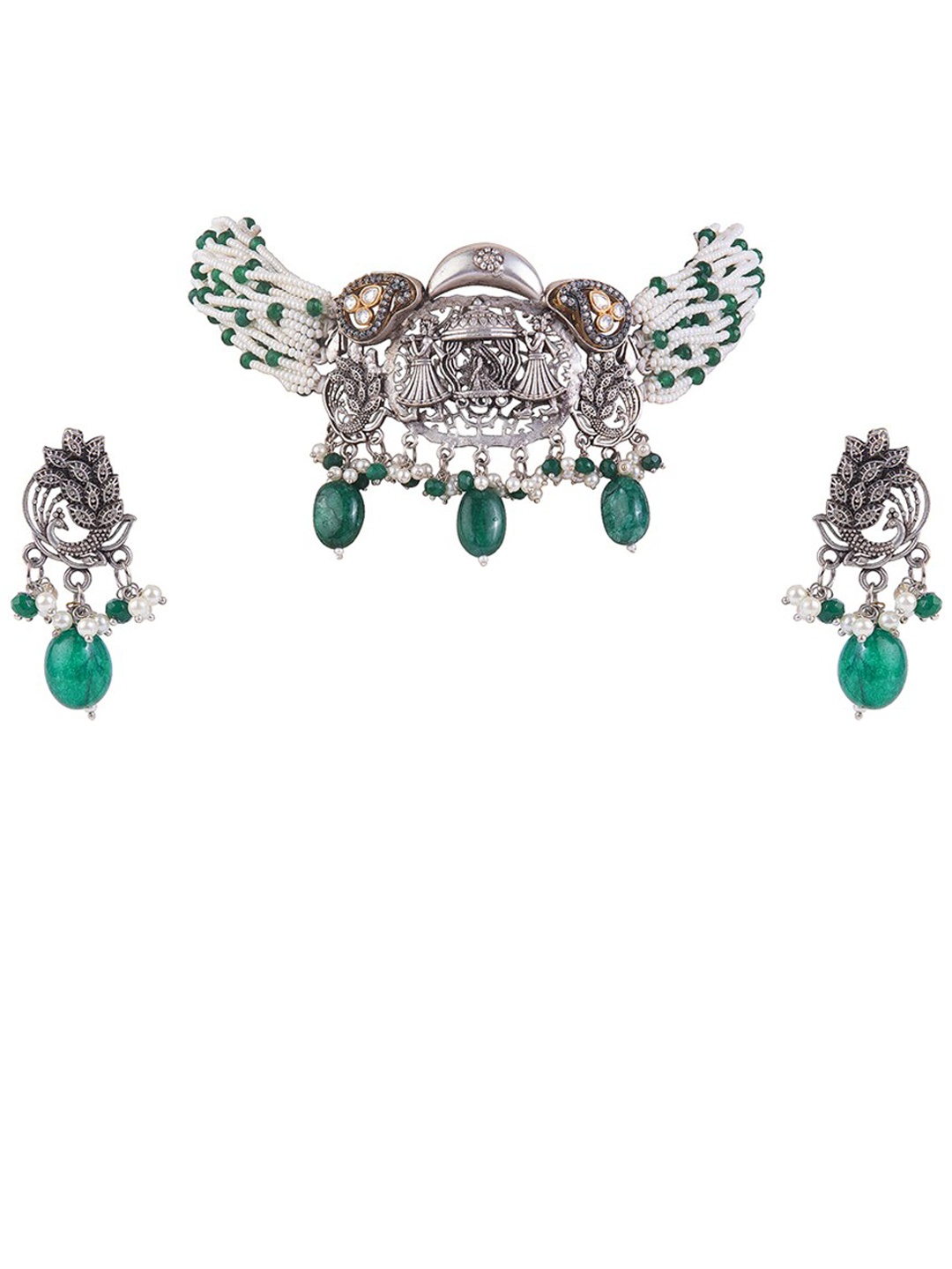 

CURIO COTTAGE Silver-Plated Green Stone-Studded Pearl-Beaded Oxidised Jewellery Set
