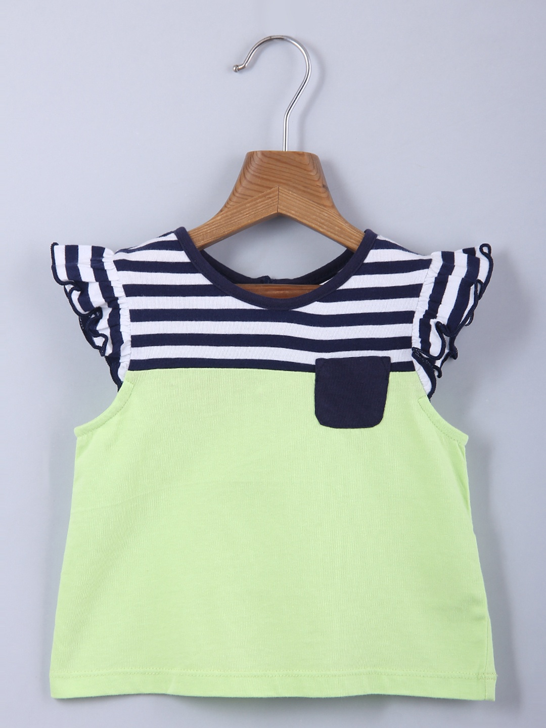 

Beebay Infant Kids Green & White Flutter Sleeves Pure Cotton Top