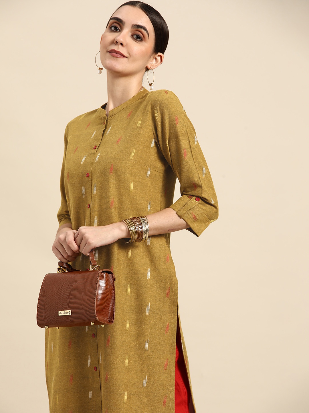 

Anouk Women Mustard Yellow Woven Design Cotton Kurta