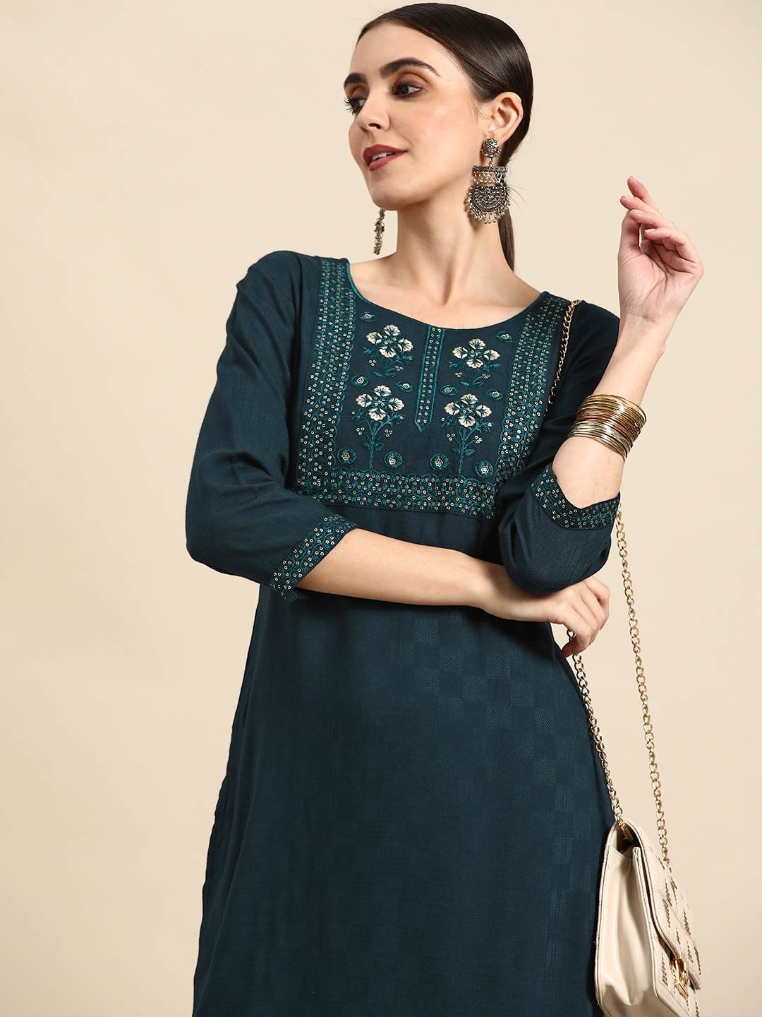 

Anouk Women Teal Green Ethnic Motifs Yoke Design Kurta