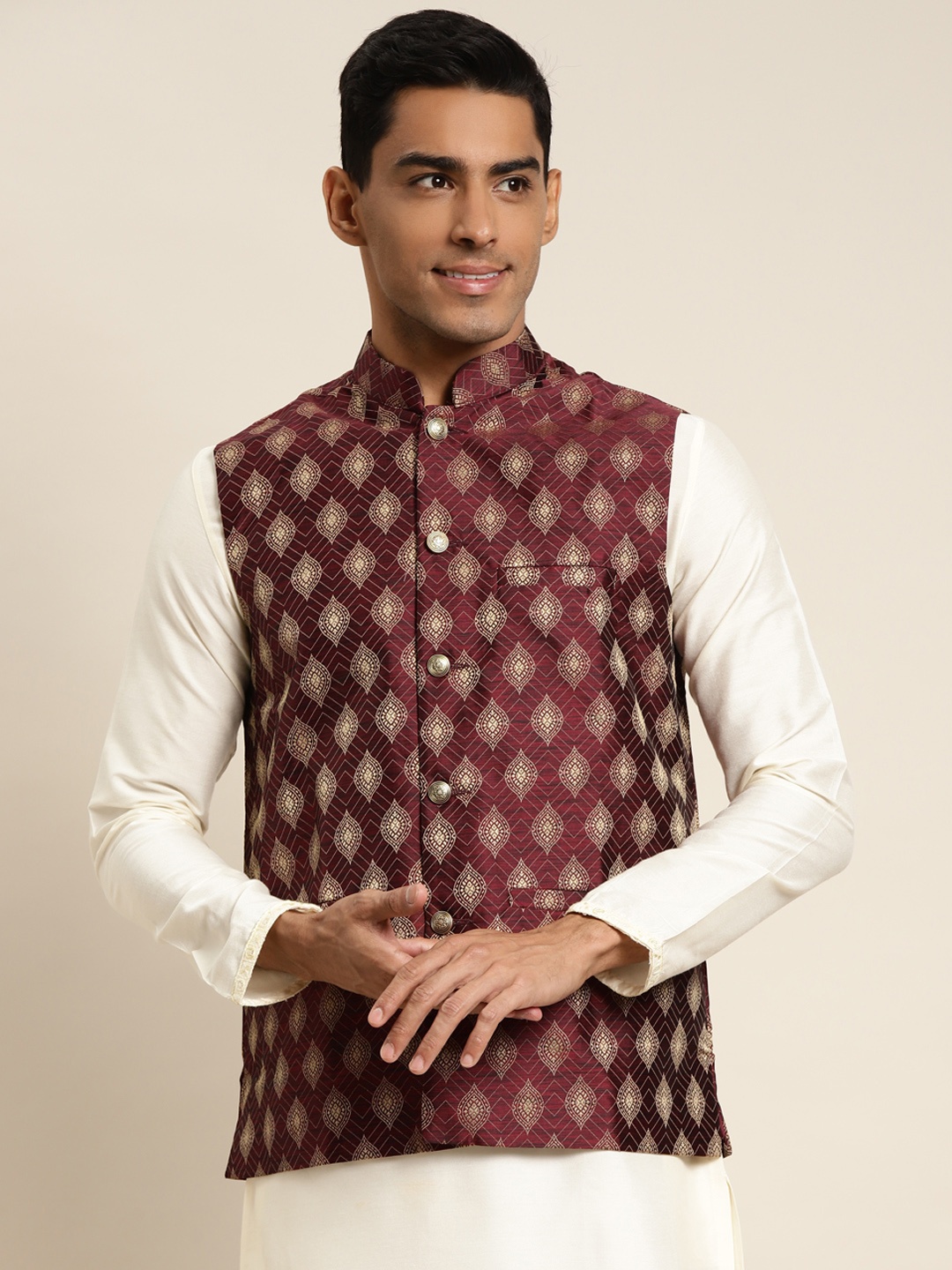 

SOJANYA Men Maroon & Golden Woven Design Jacquard Nehru Jacket
