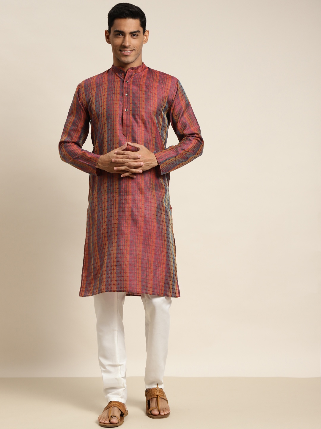 

SOJANYA Men Mustard Yellow & Purple Ethnic Motifs Kurta