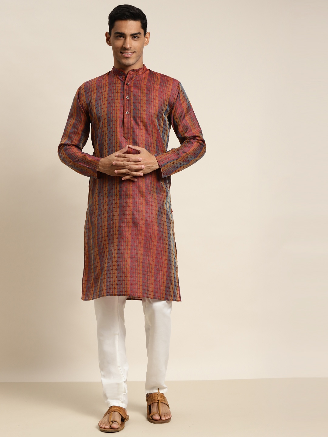 

SOJANYA Men Mustard Yellow & Purple Woven Design Kurta with Churidar