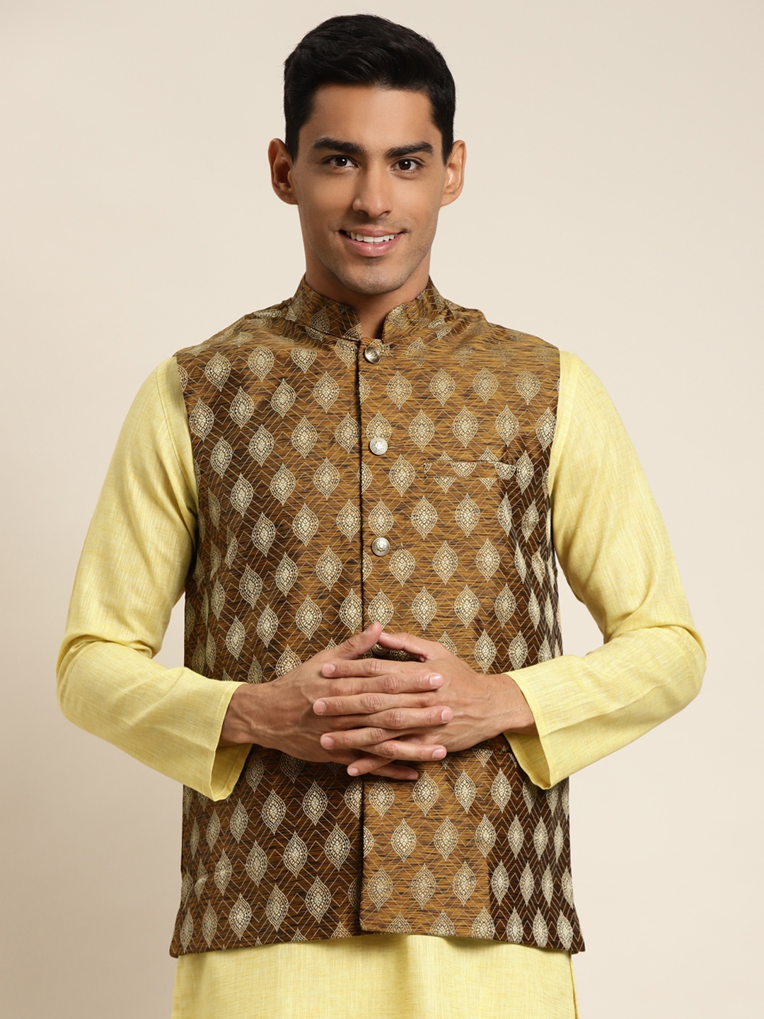

SOJANYA Men Mustard Yellow Woven Design Jacquard Nehru Jacket