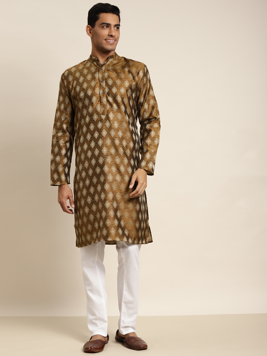 

SOJANYA Men Mustard Yellow & Gold-Toned Jacquard Kurta
