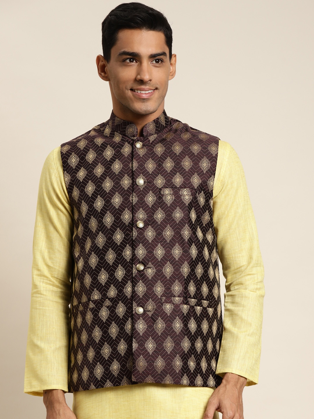 

SOJANYA Men Burgundy Woven Design Jacquard Nehru Jacket