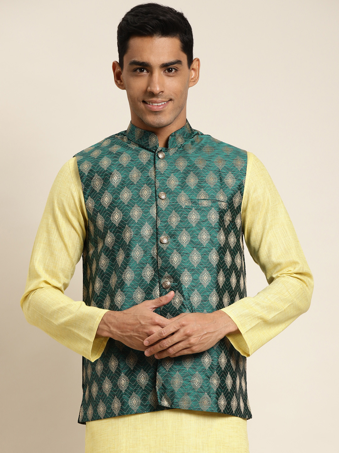 

SOJANYA Men Dark Green Woven Design Jacquard Nehru Jacket