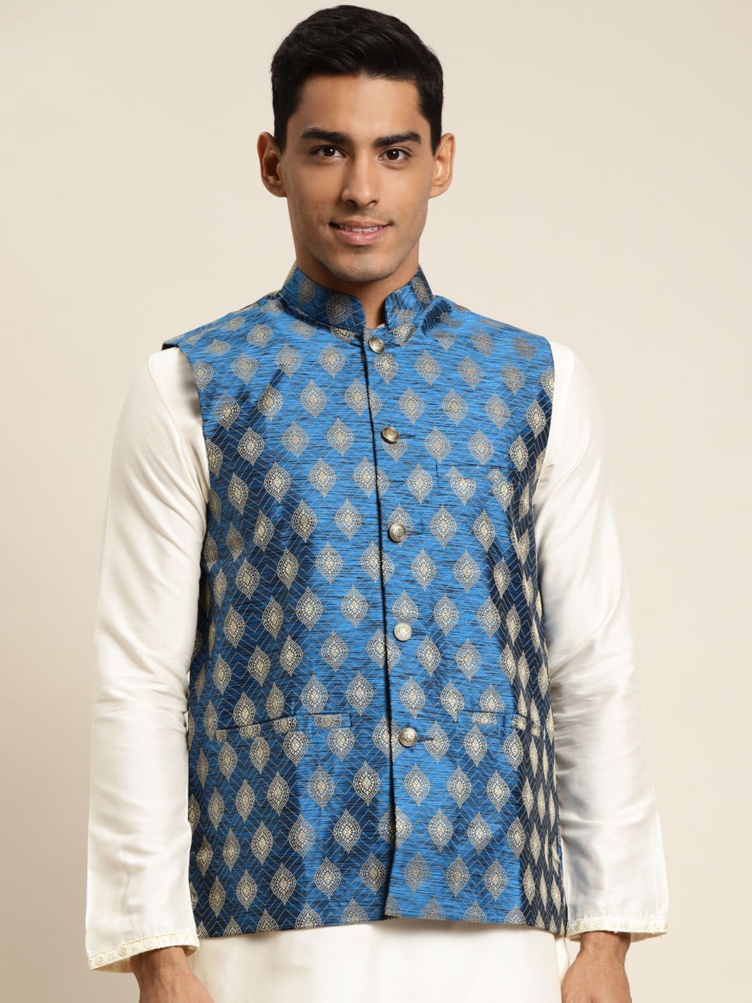 

SOJANYA Men Blue Woven Design Jacquard Nehru Jacket