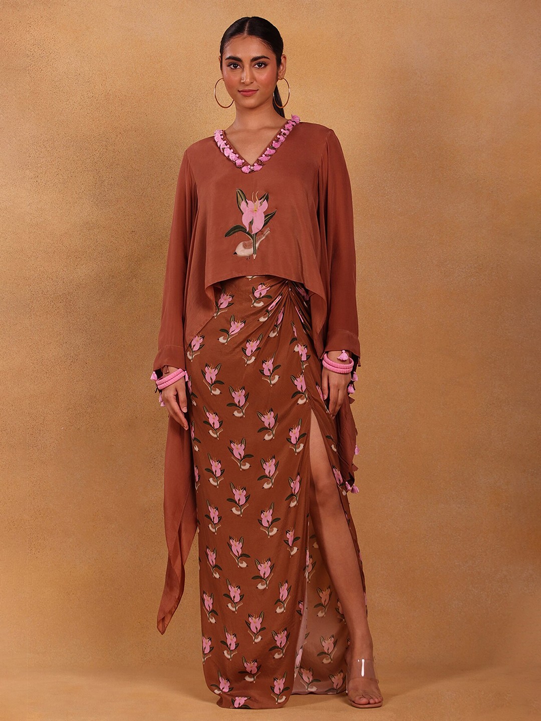 

Masaba Women Brown Floral Printed Top with Skirt