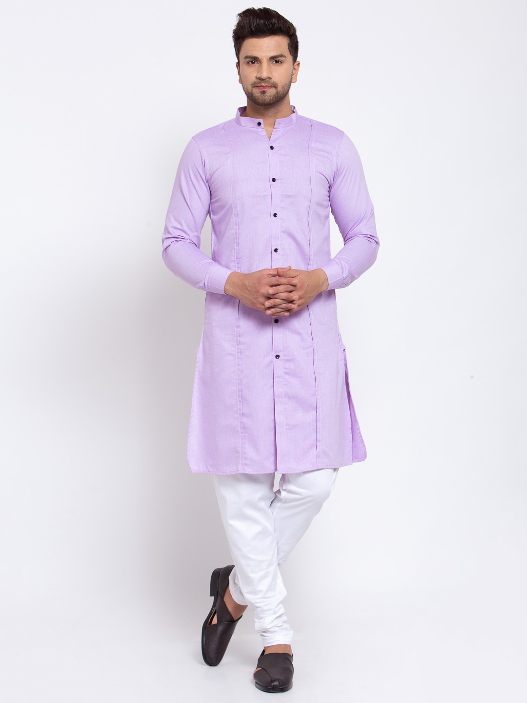 

KLOTTHE Men Lavender & White Solid Cotton Blend Panelled Kurta with Churidar