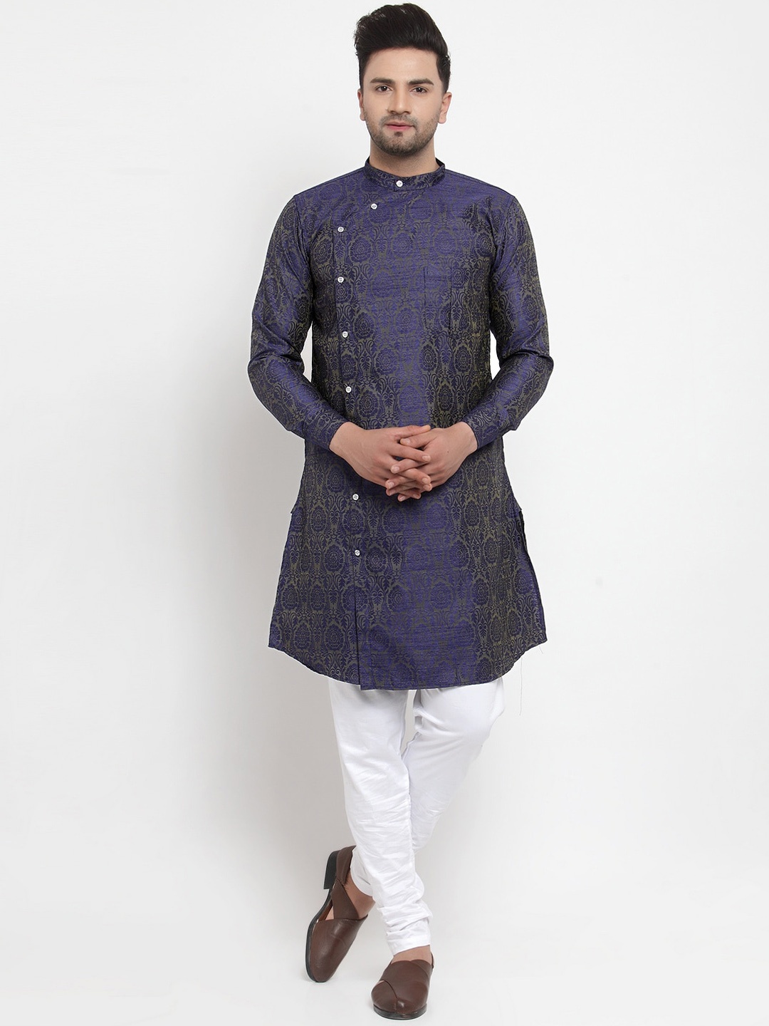 

KLOTTHE Men Blue & White Ethnic Motifs Angrakha Kurta with Churidar