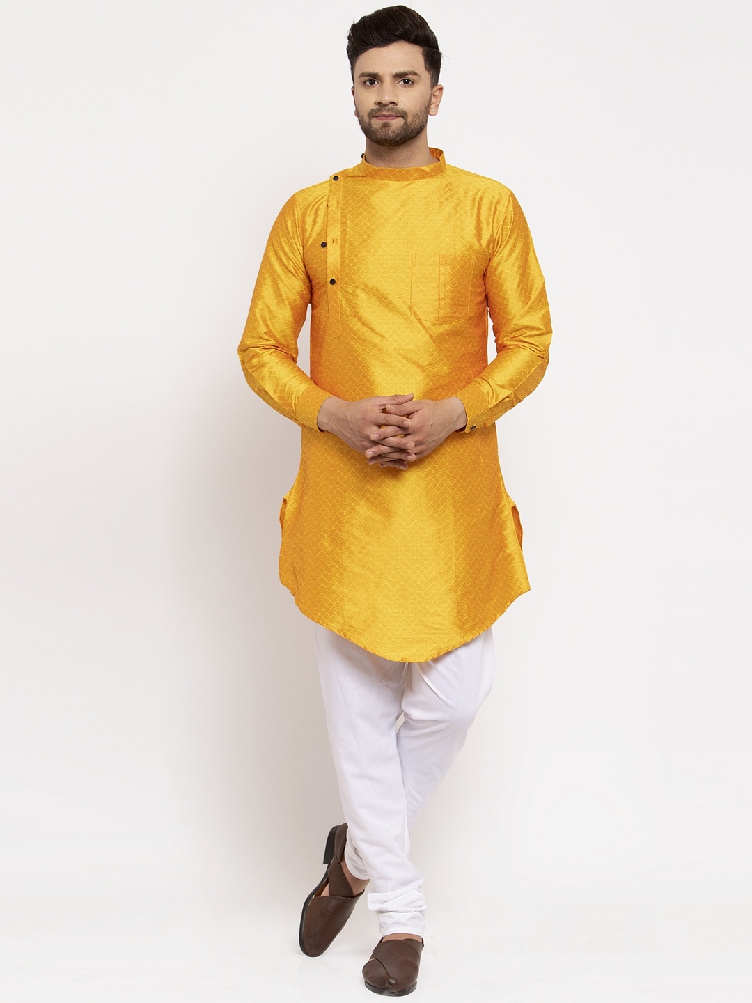 

KLOTTHE Men Yellow & White Woven Design Angrakha Cotton Blend Kurti Set