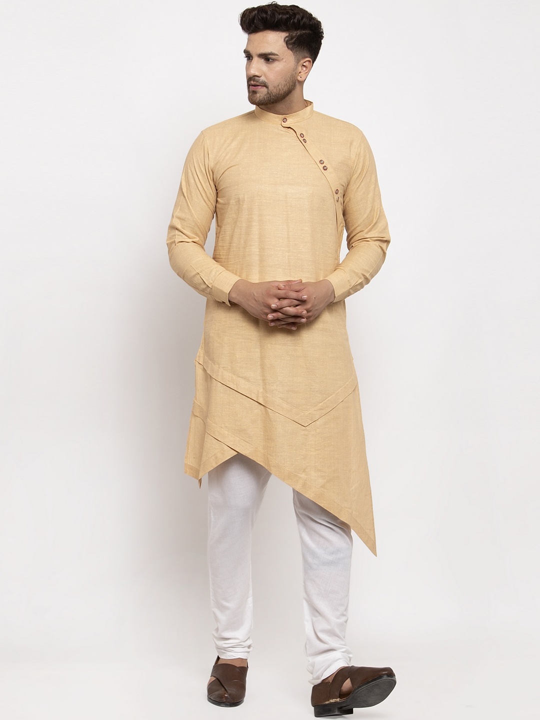 

KLOTTHE Men Beige & White Angrakha Pure Cotton Kurta with Churidar