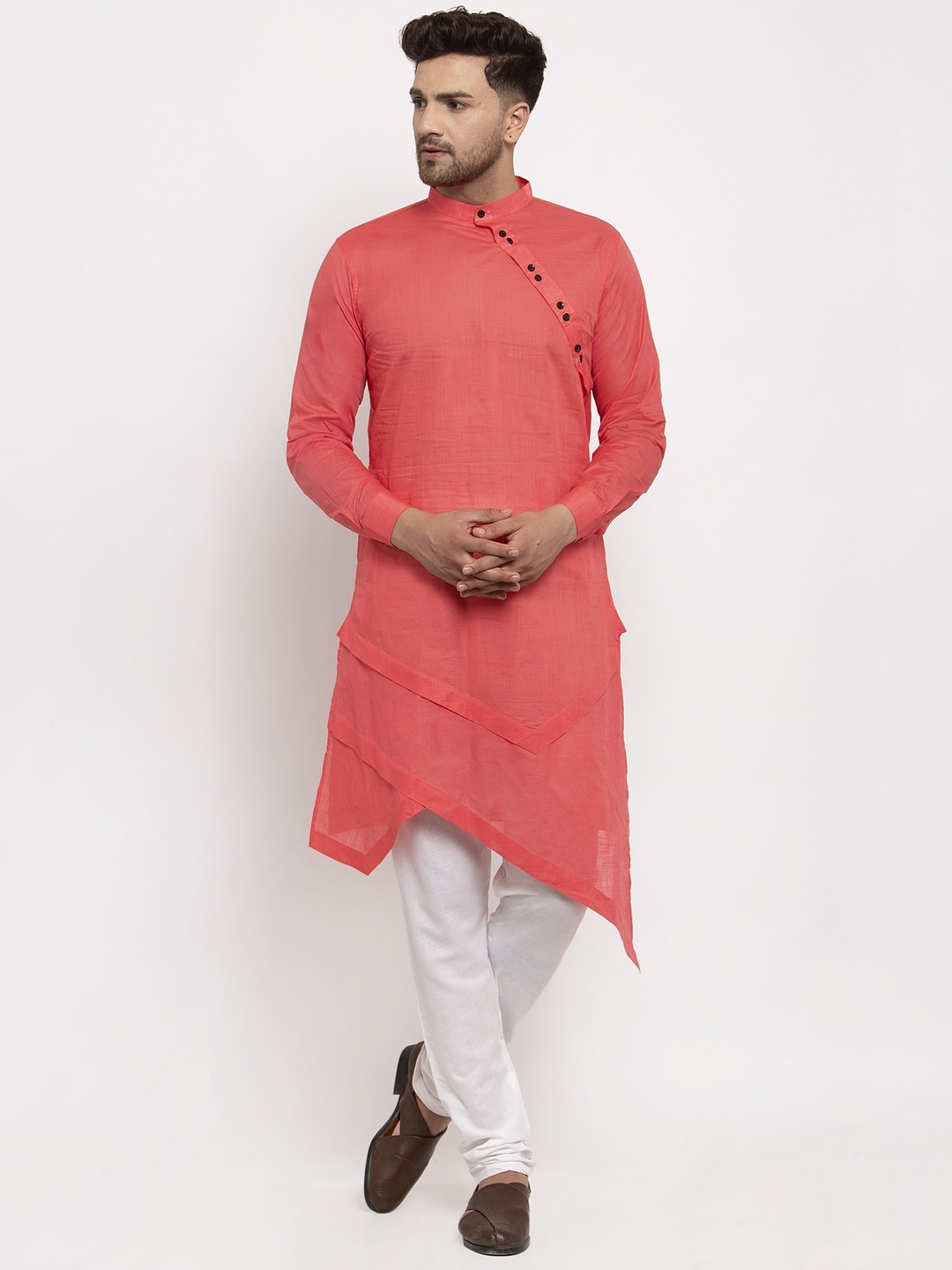 

KLOTTHE Men Red & White Solid Angrakha Pure Cotton Kurta Set