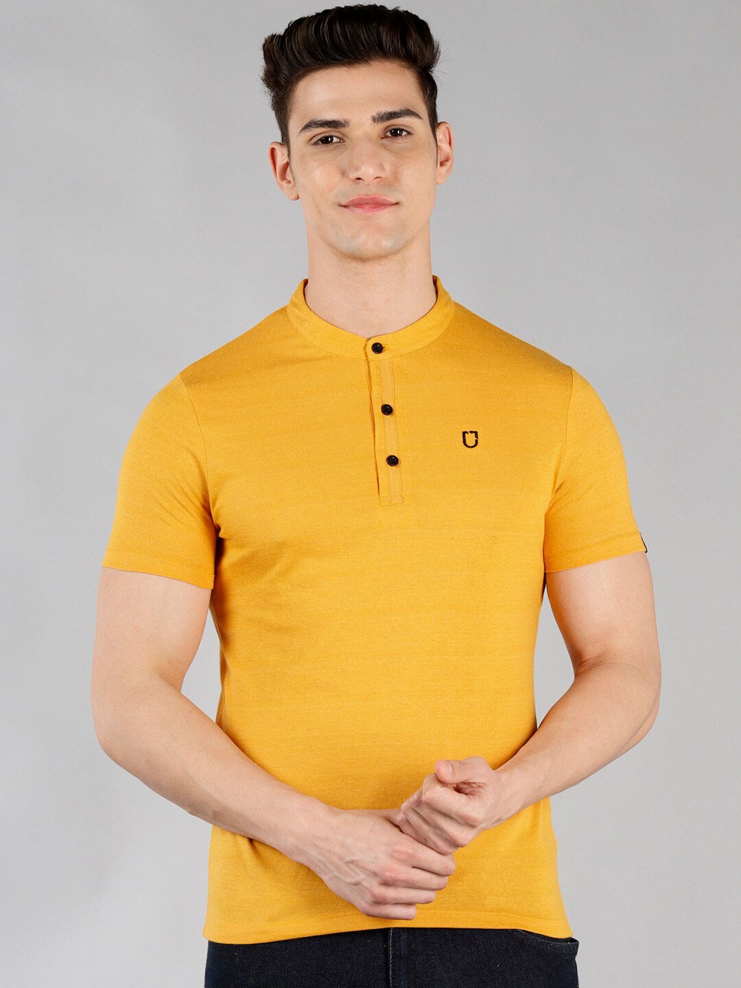 

Urbano Fashion Men Mustard Yellow Solid Cotton Slim Fit T-shirt