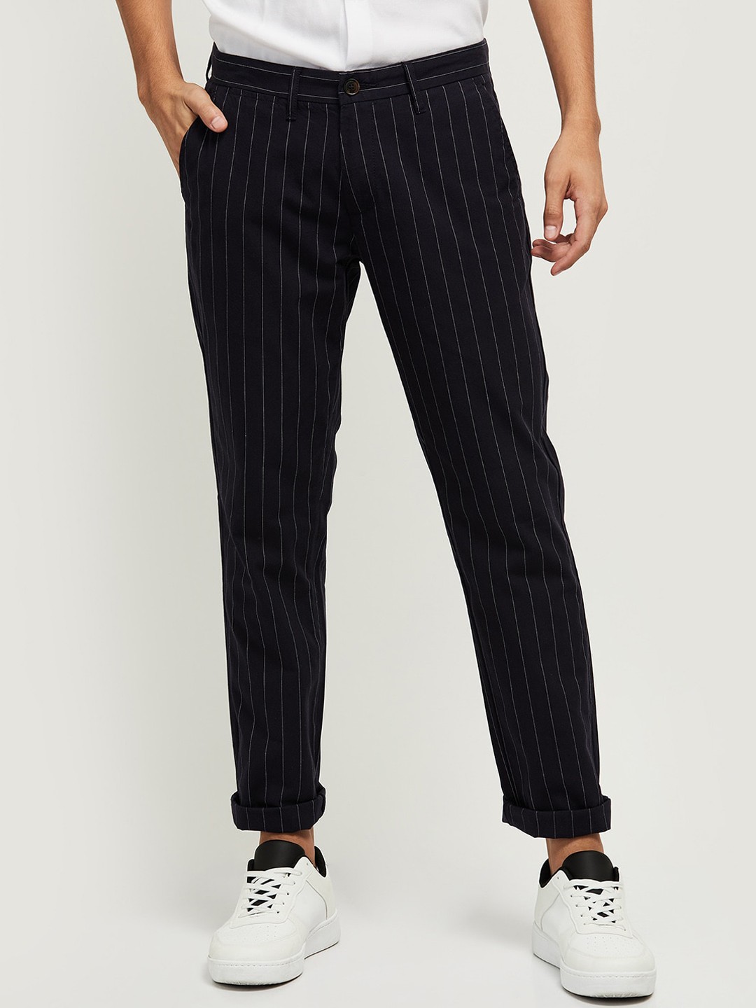 

max Men Navy Blue Striped Trouser