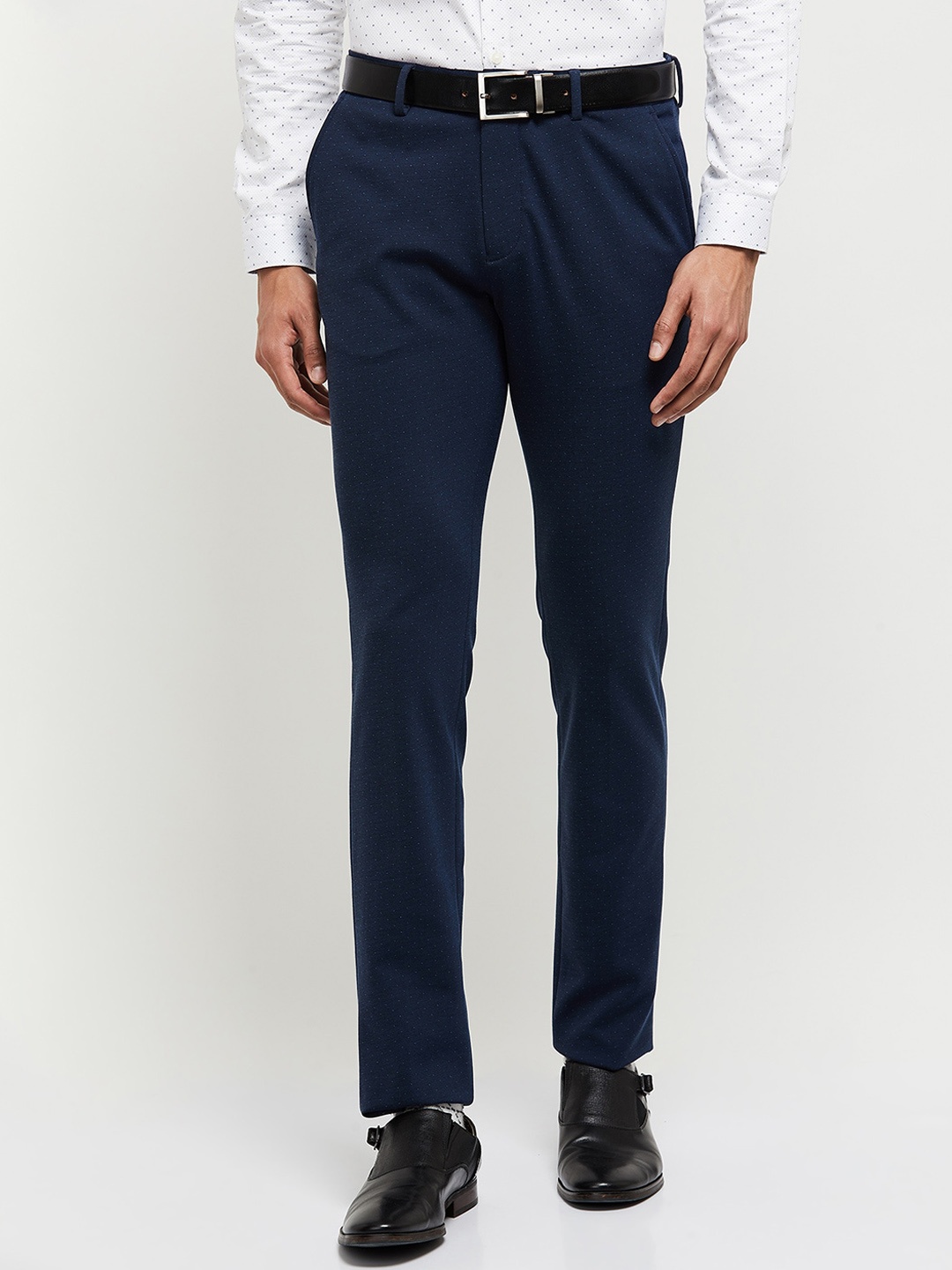 

max Men Navy Blue Printed Formal Trousers