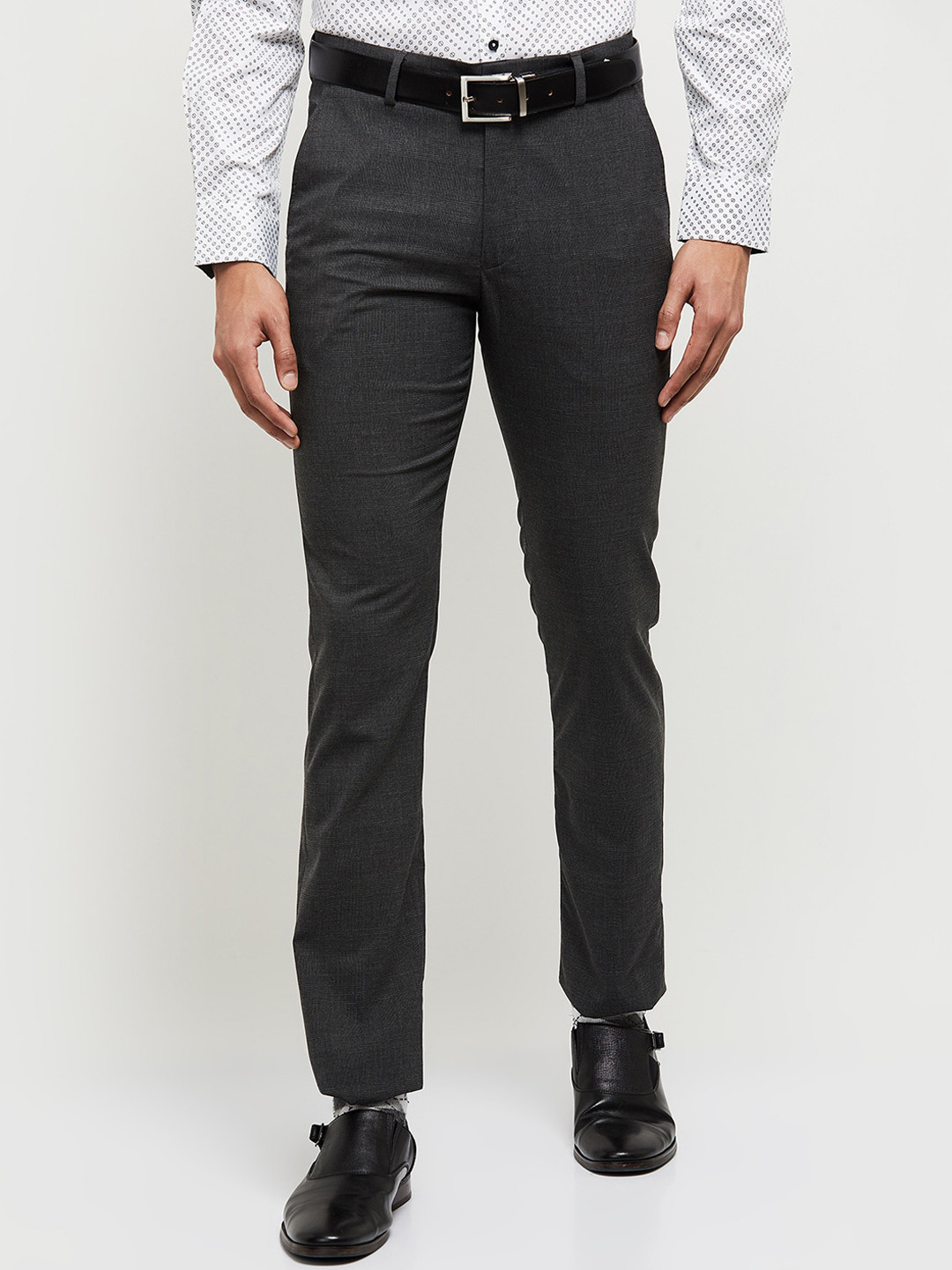 

max Men Solid Mid Rise Regular Fit Formal Trousers, Charcoal