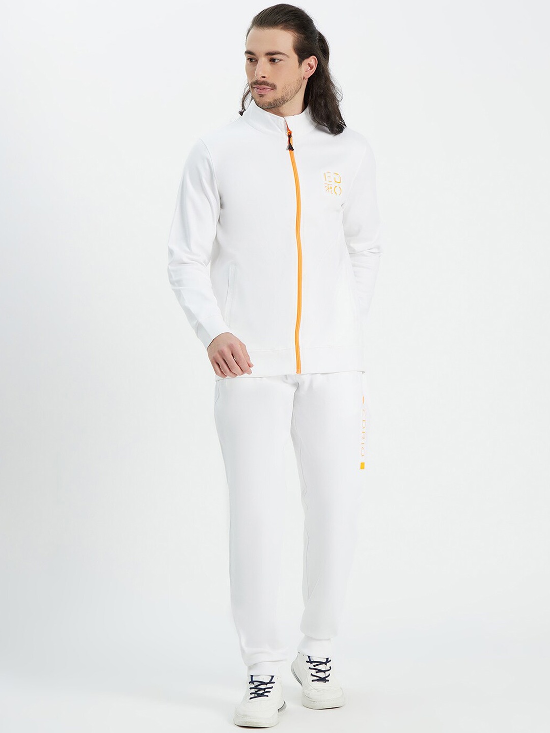 

EDRIO Men White & Orange Embossed Logo Cotton Tracksuits