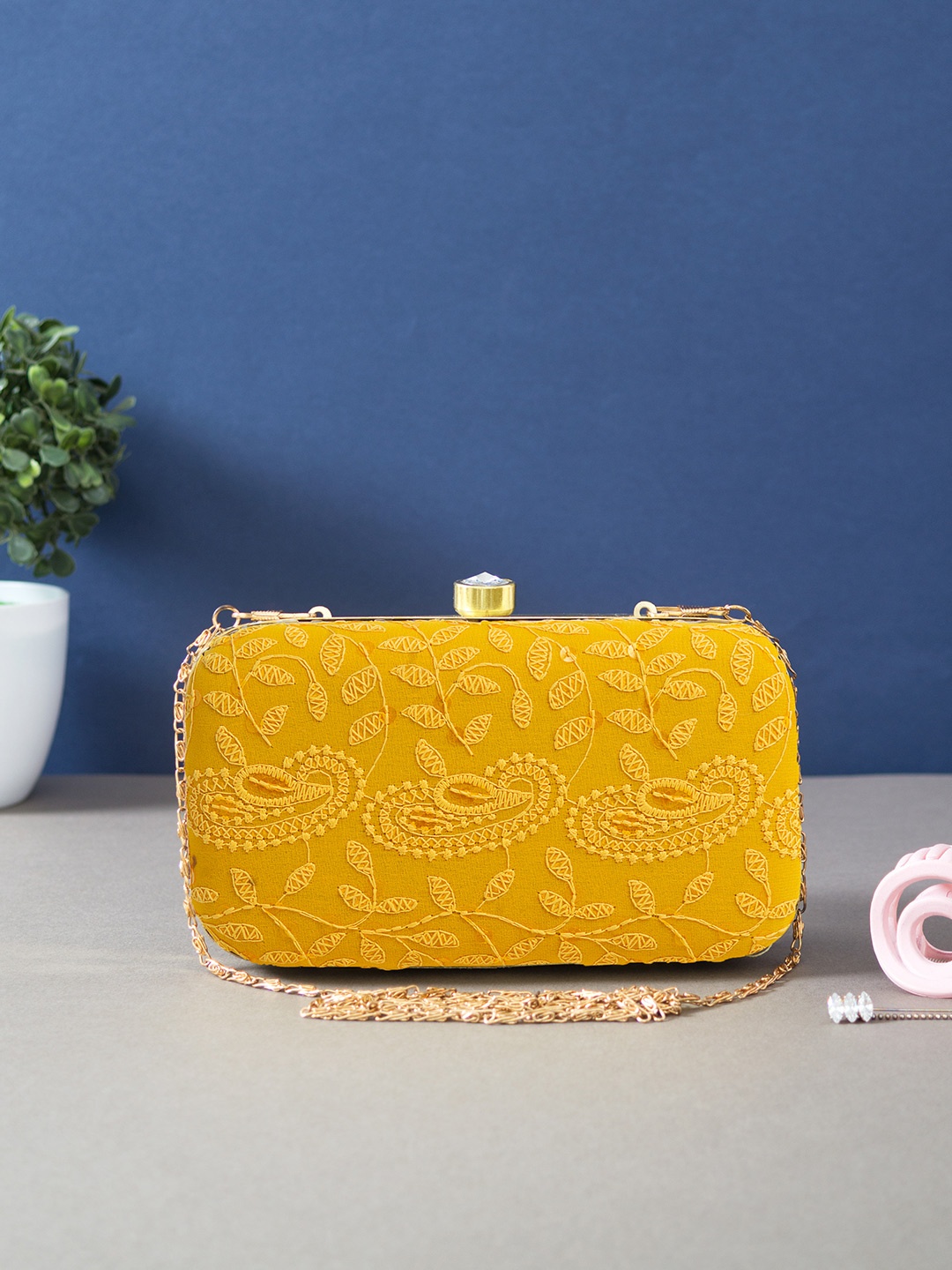 

Golden Peacock Yellow & Gold-Toned Embroidered Box Clutch