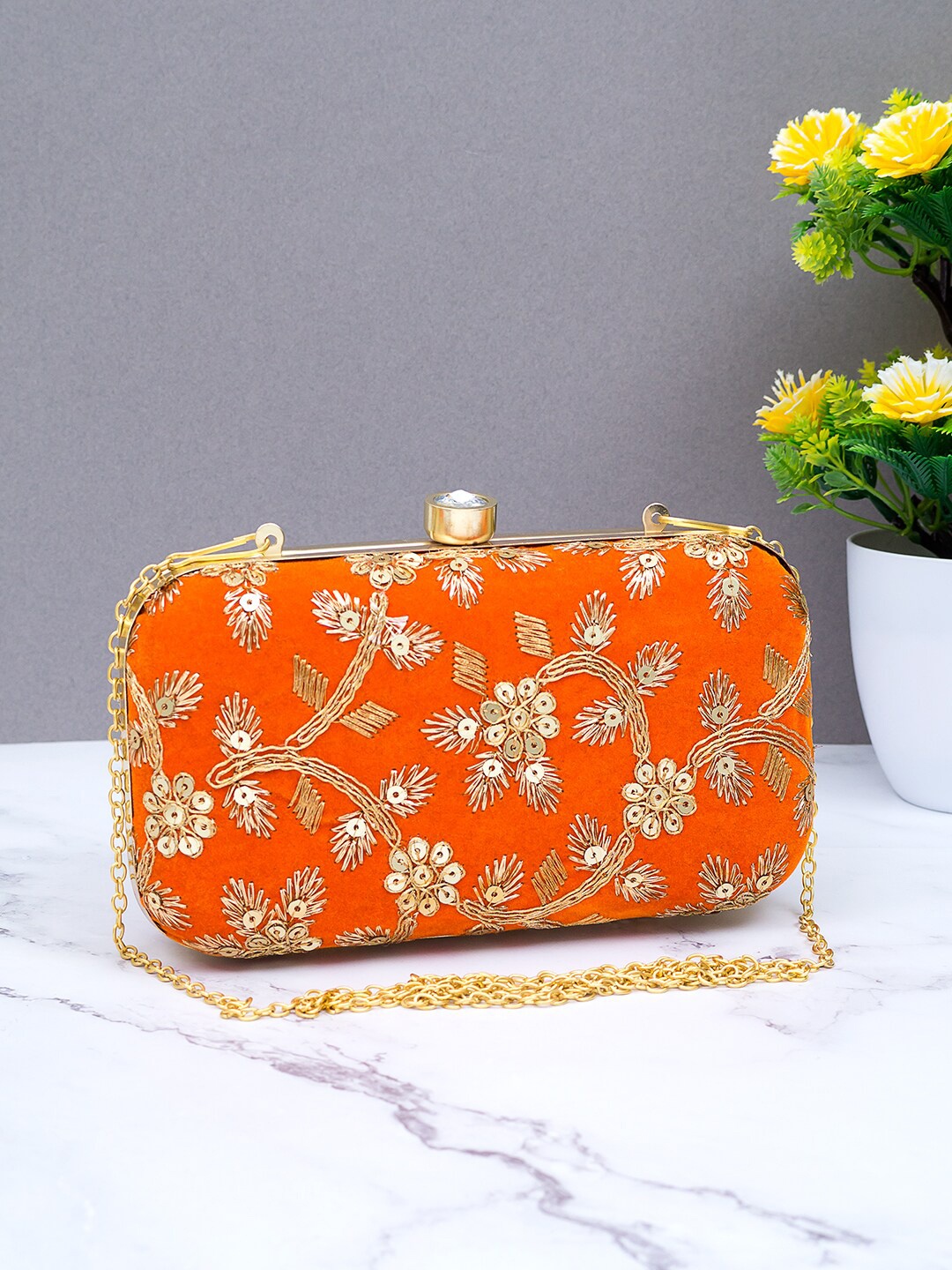 

Golden Peacock Women Orange & Gold-Toned Embroidered Box Clutch