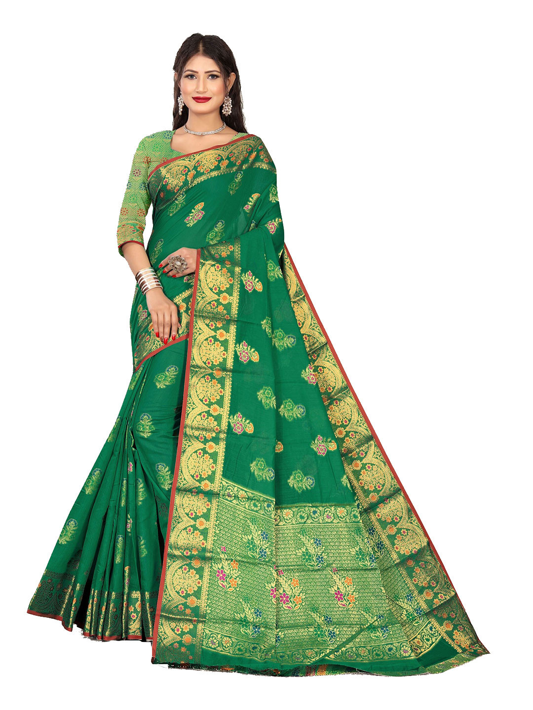 

Rivana Green & Pink Floral Zari Pure Cotton Chanderi Saree