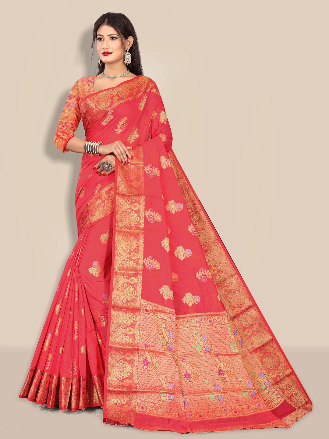 

Rivana Pink & Gold-Toned Floral Zari Pure Cotton Chanderi Saree