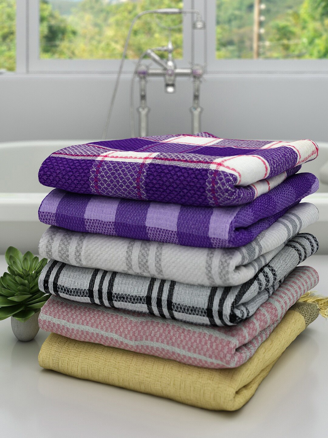 

Athom Trendz Pack of 6 Checked Cotton Lightweight 210GSM Bath Towels, Yellow