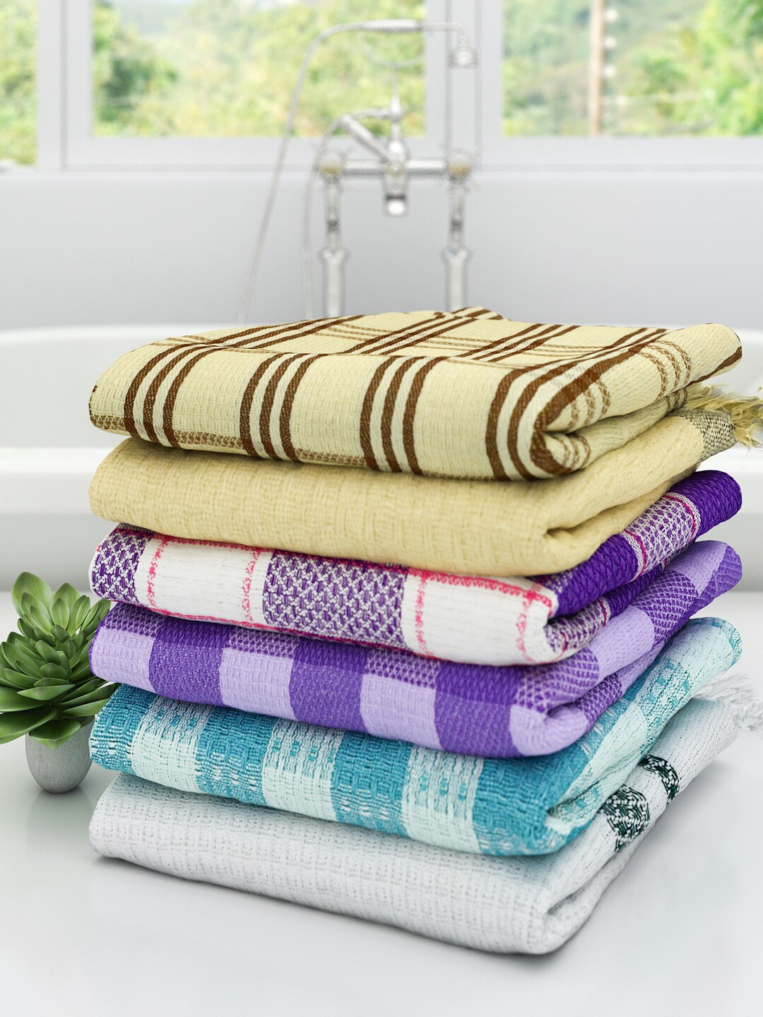 

Athom Trendz Pack of 6 Multicolred Checked Eco Saviour 210 GSM Cotton Towels, Multi