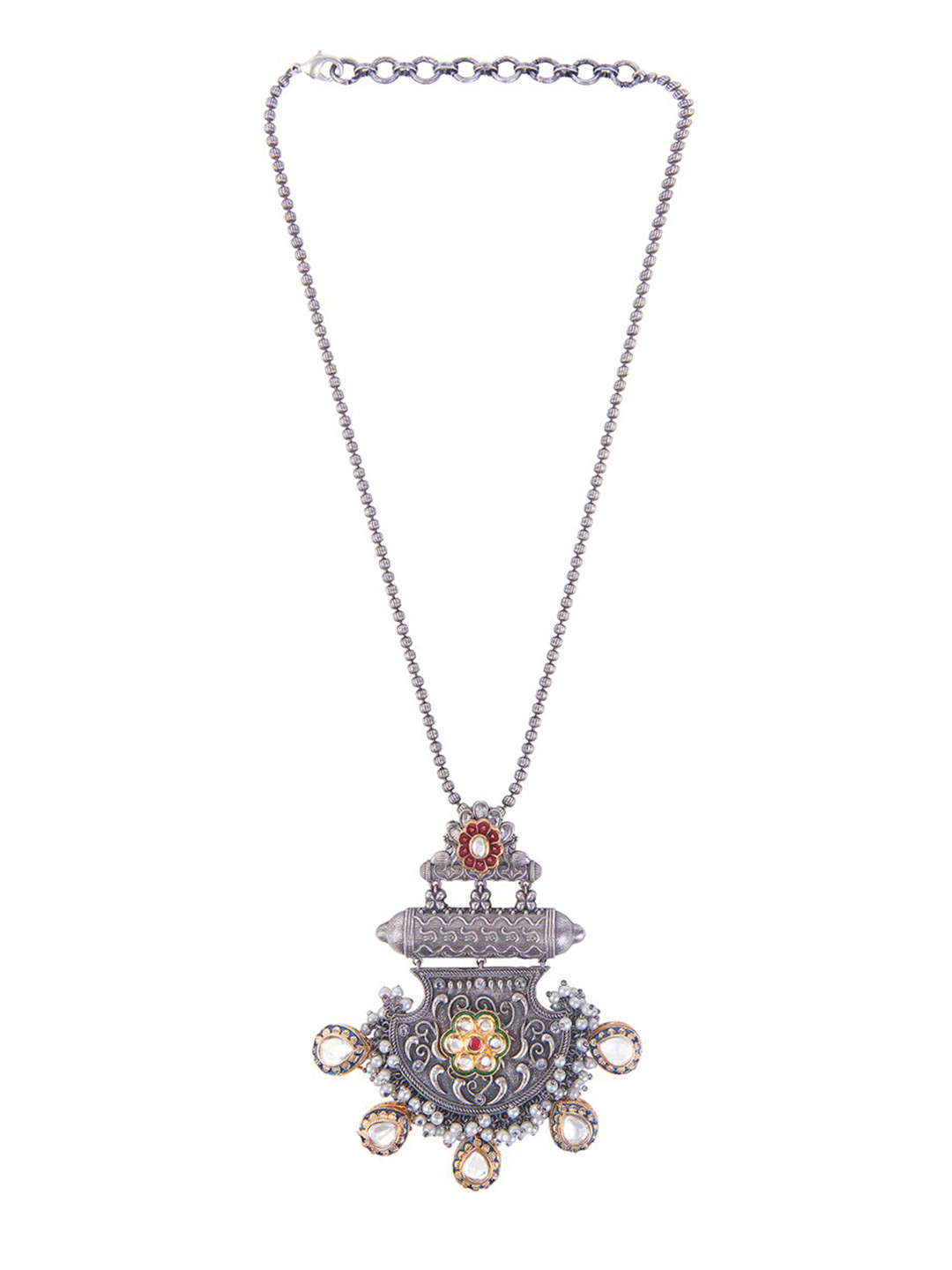 

CURIO COTTAGE Red & Silver-Toned Silver-Plated Oxidised Long Necklace