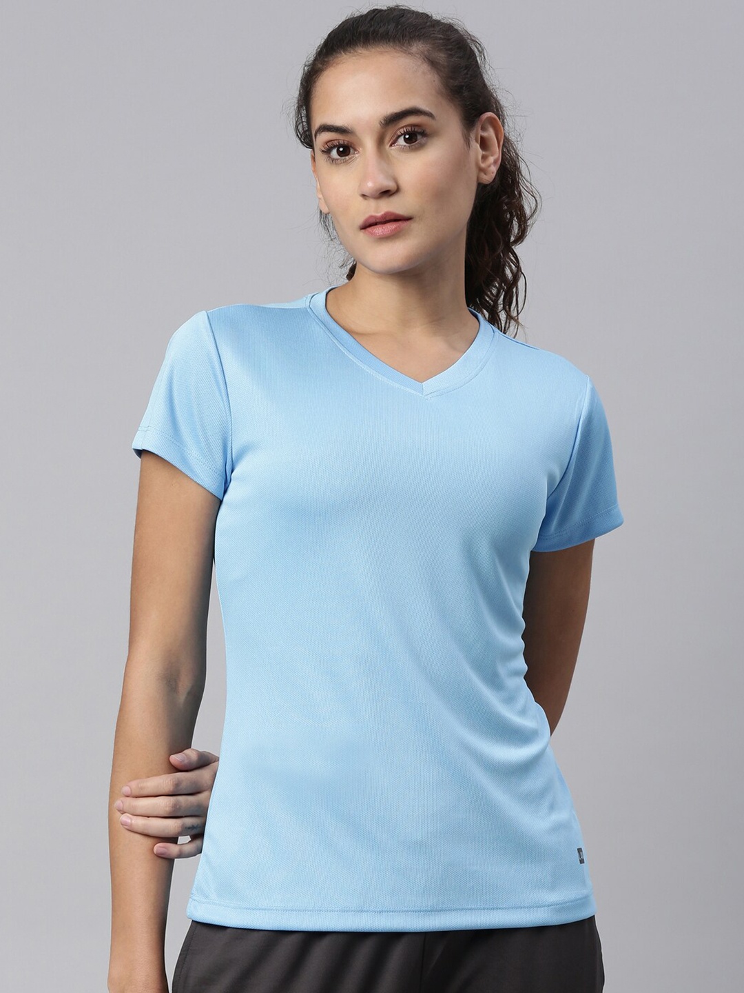 

LAYA Women Turquoise Blue V-Neck Training or Gym Sports T-shirt