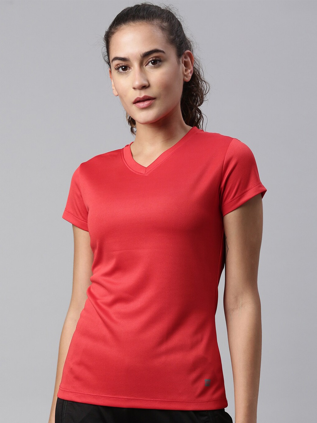 

LAYA Women Red V-Neck Training or Gym Sports T-shirt