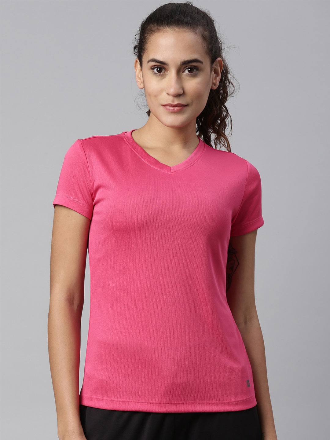 

LAYA Women Pink V-Neck Sports T-shirt