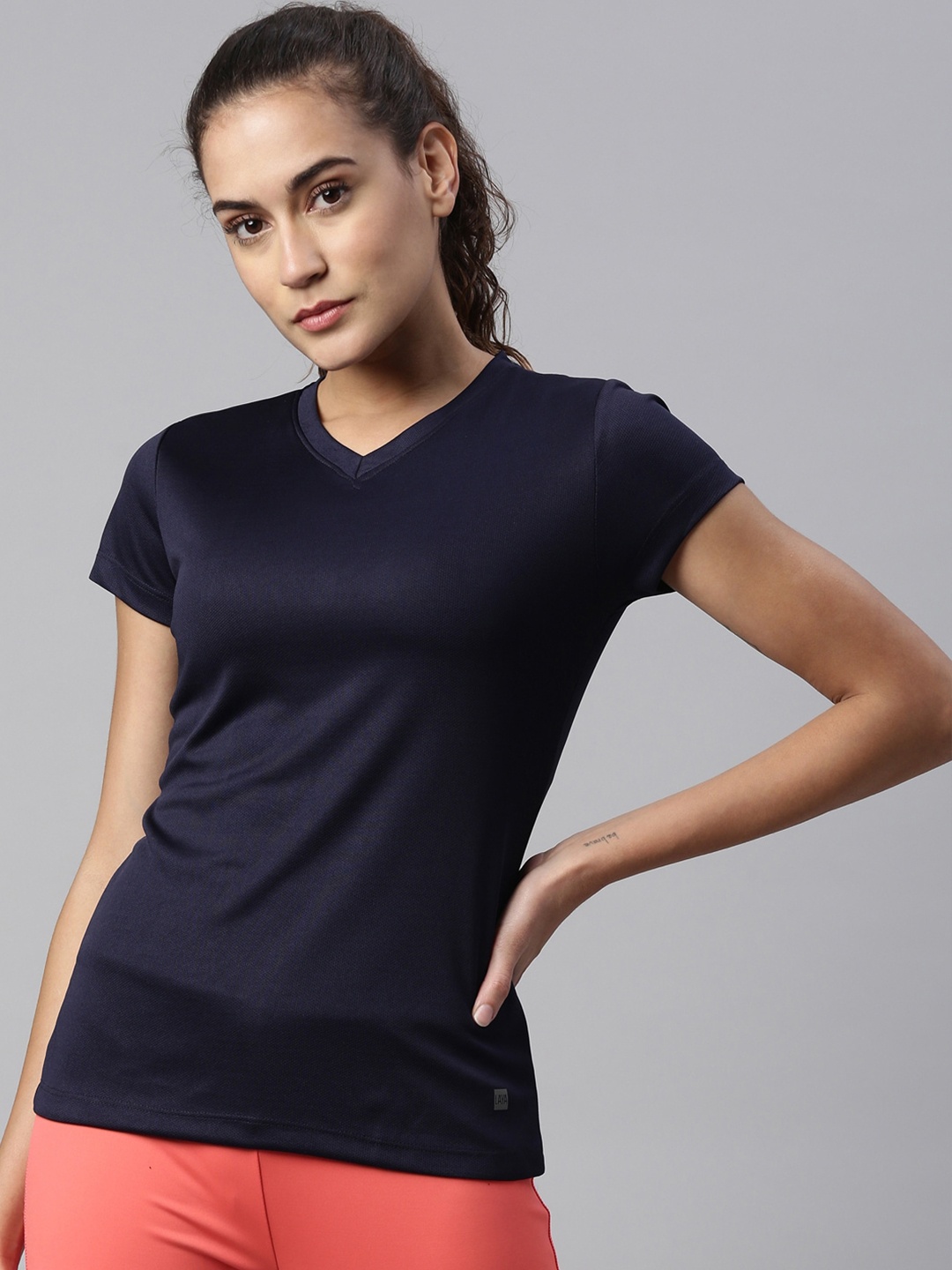 

LAYA Women Navy Blue V-Neck Sports T-shirt