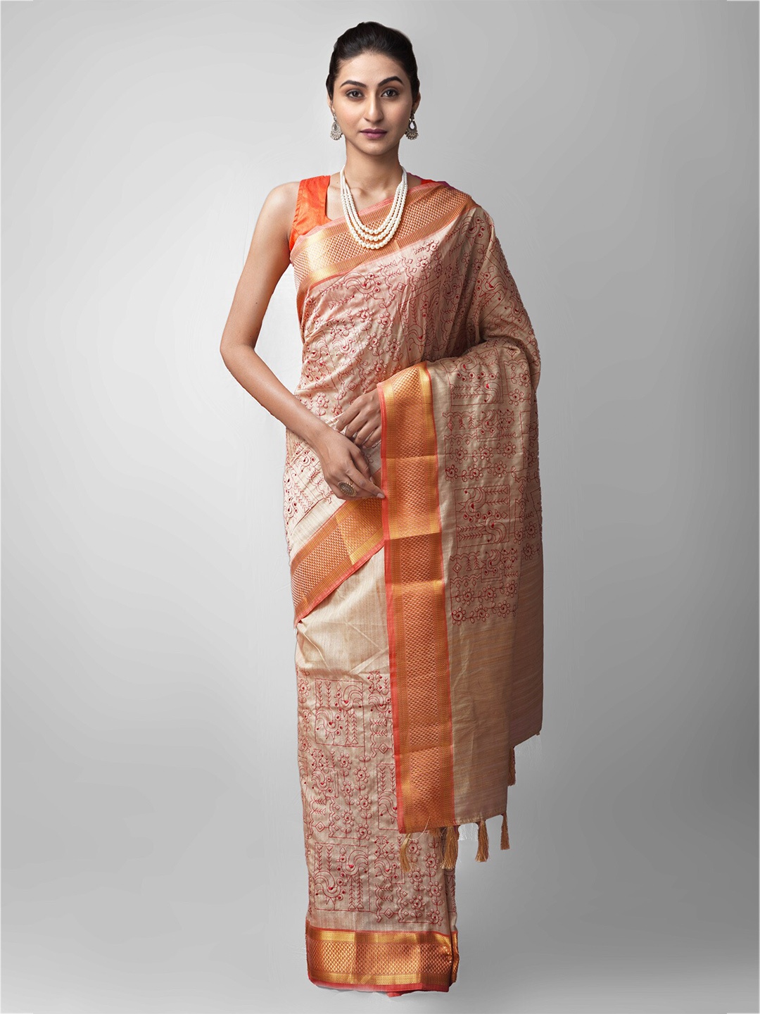 

Unnati Silks Cream-Coloured & Orange Ethnic Motifs Silk Cotton Maheshwari Saree