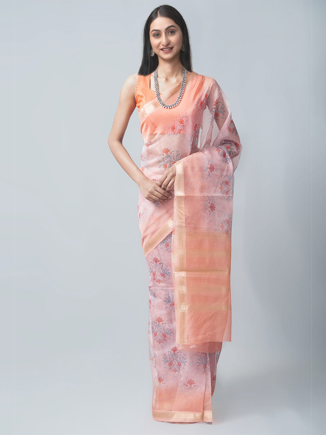 

Unnati Silks Peach-Coloured & Grey Ethnic Motifs Zari Organza Block Print Saree