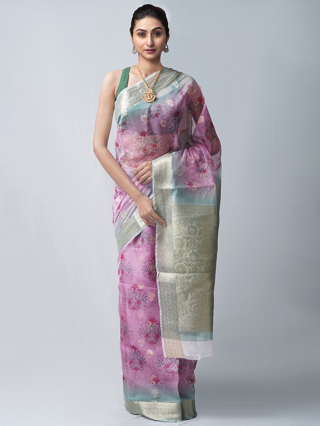 

Unnati Silks Pink & Grey Ethnic Motifs Zari Organza Block Print Saree